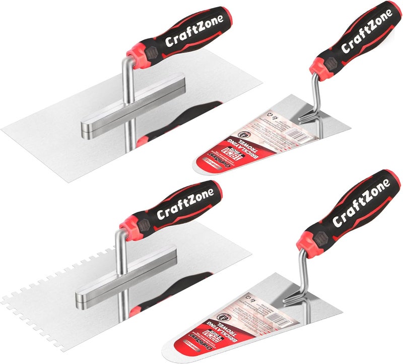 CRAFTZONE 4 Pieces Concrete & Trowel Masonry Set - High Carbon Steel Plastering | Bricklaying Tools for Drywall Asphalt - Includes Flat & Notched Trowels & 7"/9" Brick Trowels with Soft Grip Handle - Image 1